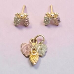 Landstrom's 10K Black Hills Gold Pendant Stud Earrings Set Tri Color Grapes READ
